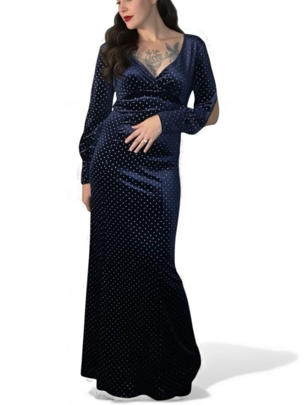 Unique Vintage Sharon Blue Velvet Silver Studded Maxi Dress Split Sleeve M 6-8
